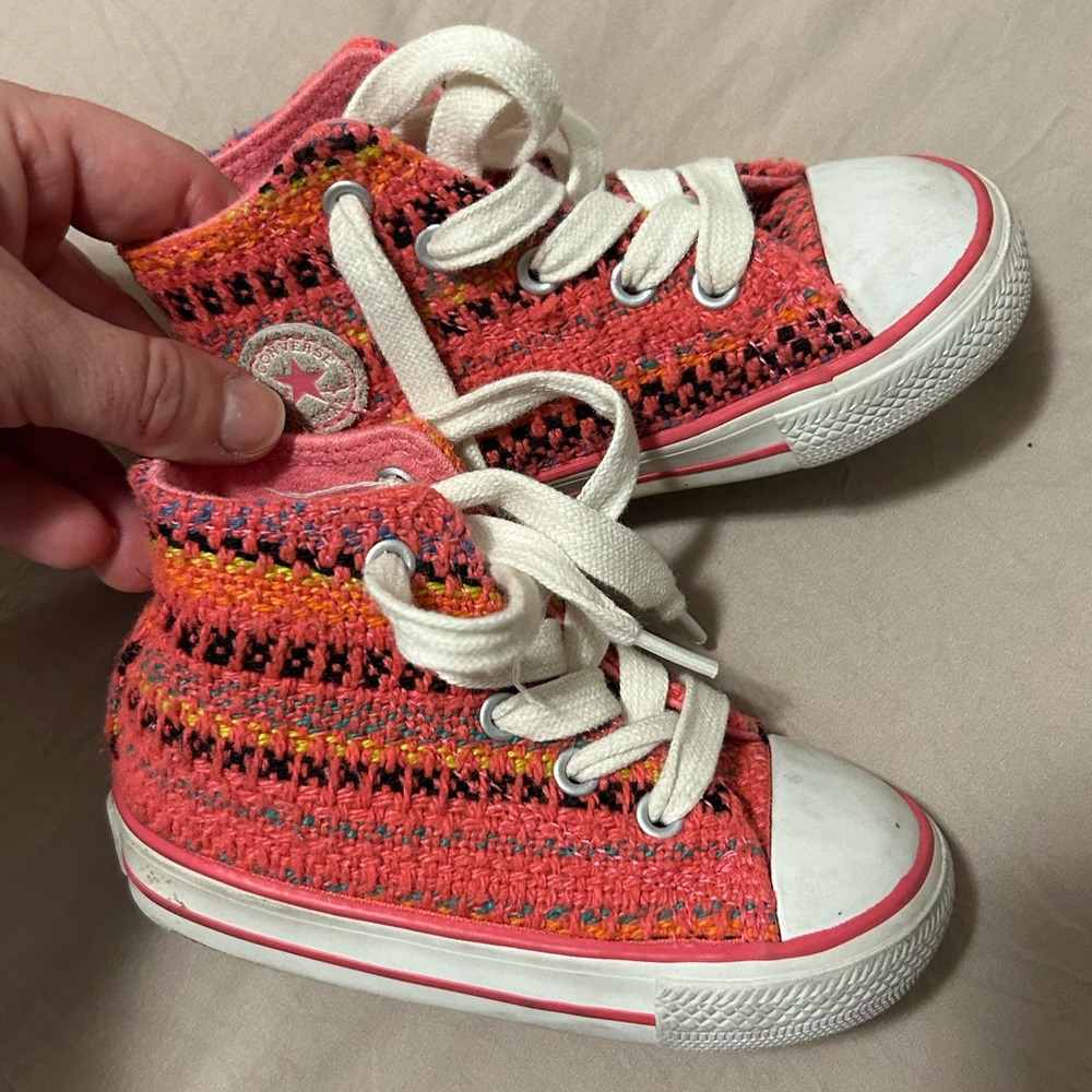 GUC Converse Kids' Pink and Orange knit High-Top Sneakers, size 6